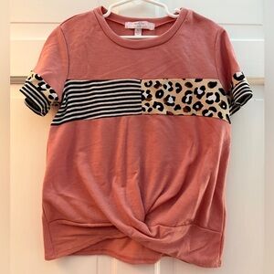 Kids' Moa Moa Pink Leopard and Stripe, Twist Front T-Shirt, Size S.